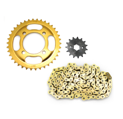 KIT DE SPROCKET ZURI P/ FT 125 FT 150TS DT 125 DT 150 (38 X 15T 428H X 108L) CADENA DORADA KIT ARRASTRE